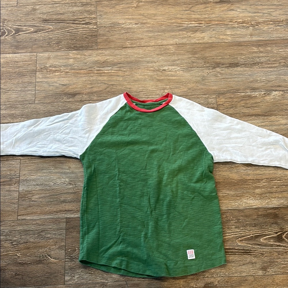 Topo Designs Men's Size Medium Casual 3/4 Sleeve Green & White T-Shirt
